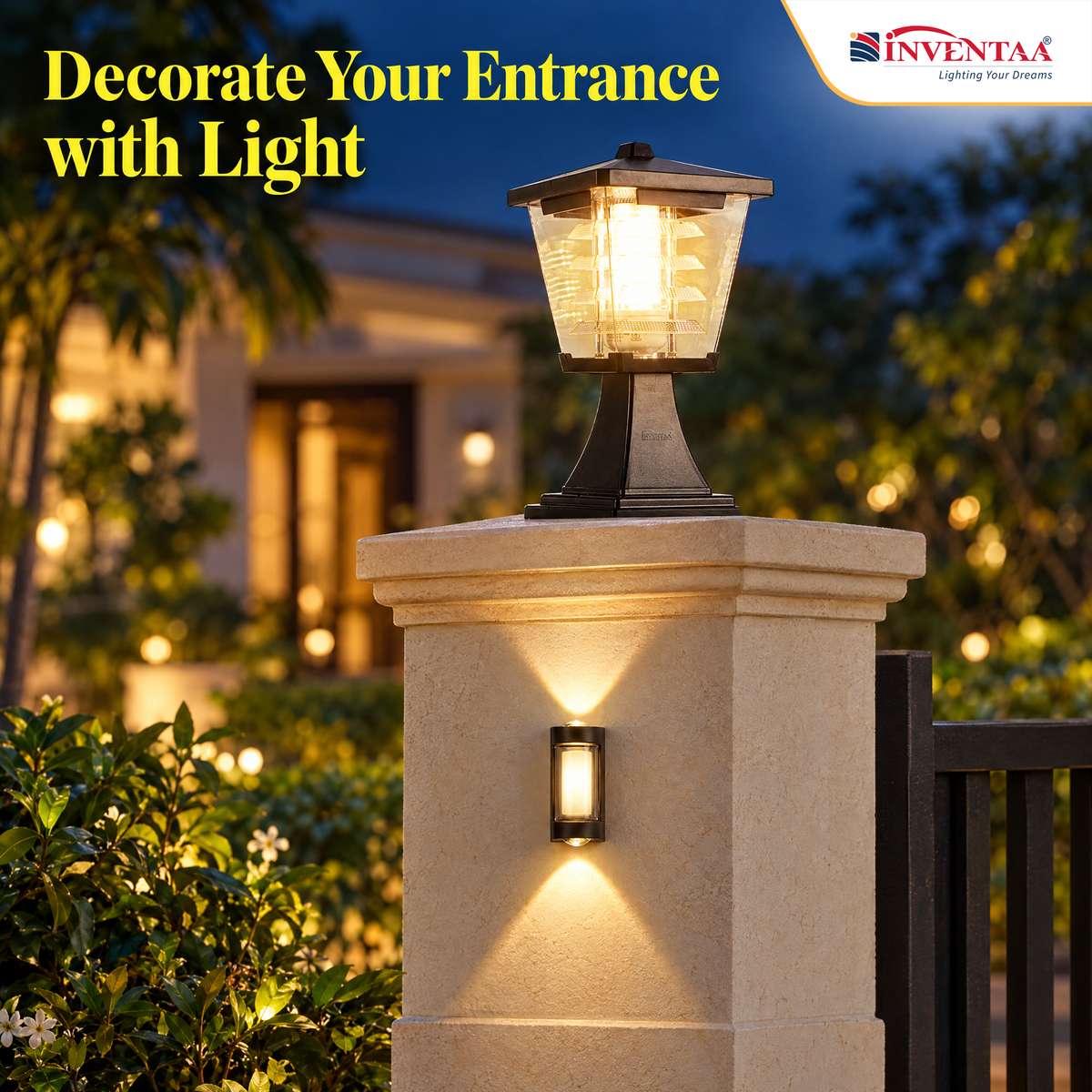 INVENTAA Decorative Gate Lighting Bundle – 2 Mini Glasis 12W Warm White Gate Lights + 2 Juno 4W Up-Down Wall Lights