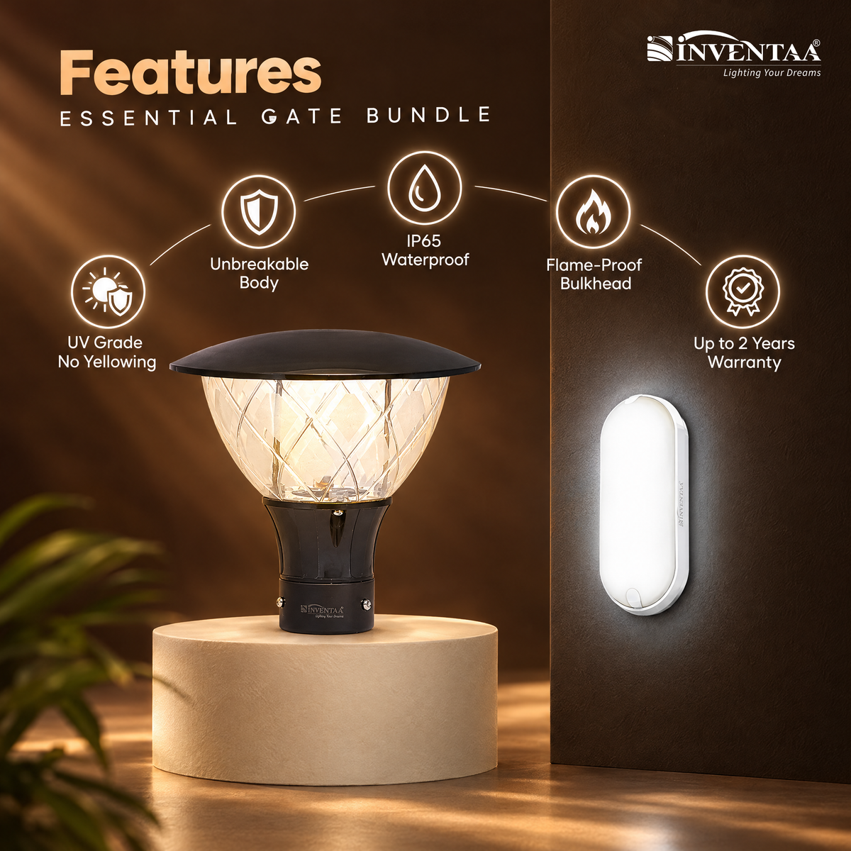 INVENTAA Essential Gate Bundle | 4 Emiko Gate Lights (Without Bulb) + 2 Mini Ora 10W LED Bulkhead Lights