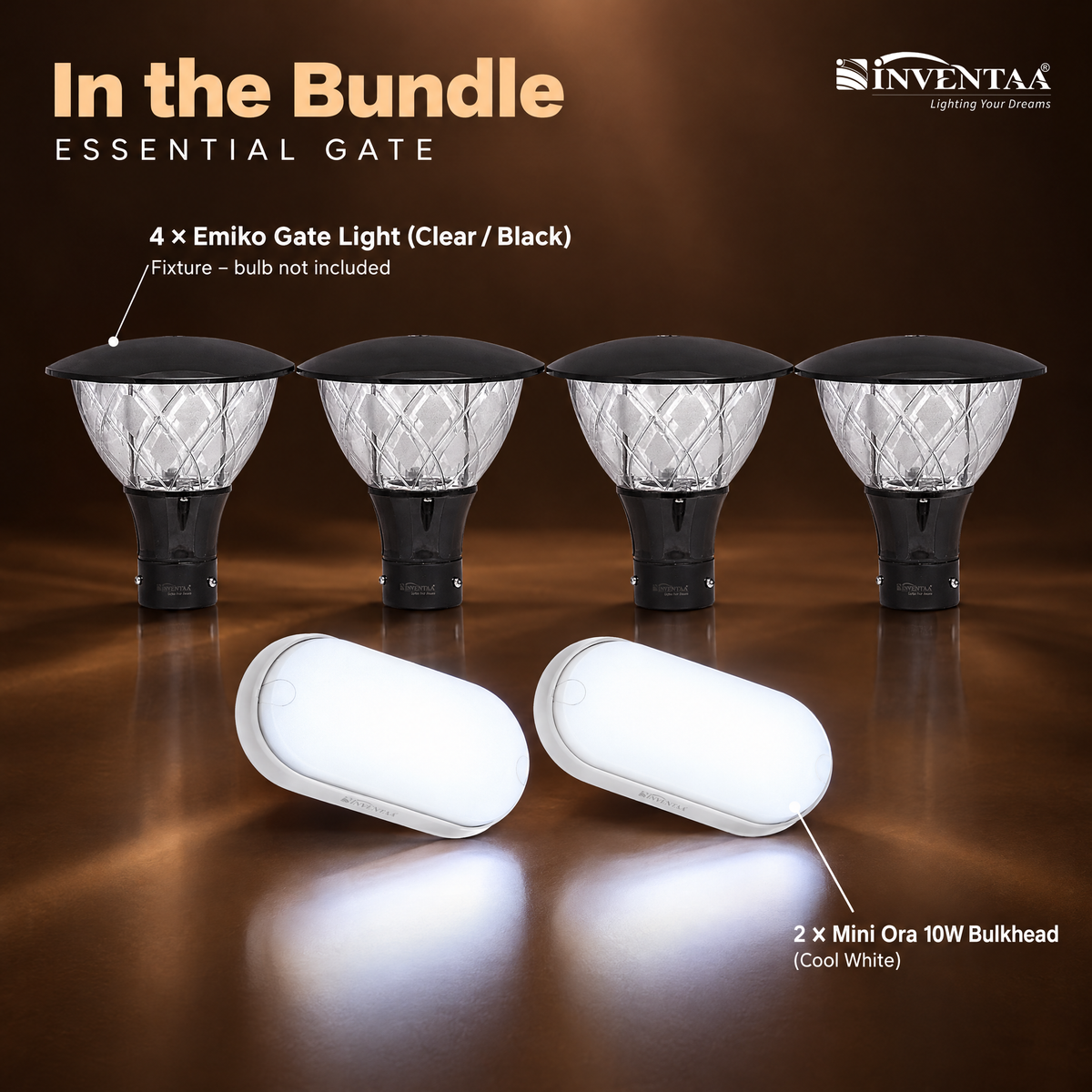 INVENTAA Essential Gate Bundle | 4 Emiko Gate Lights (Without Bulb) + 2 Mini Ora 10W LED Bulkhead Lights