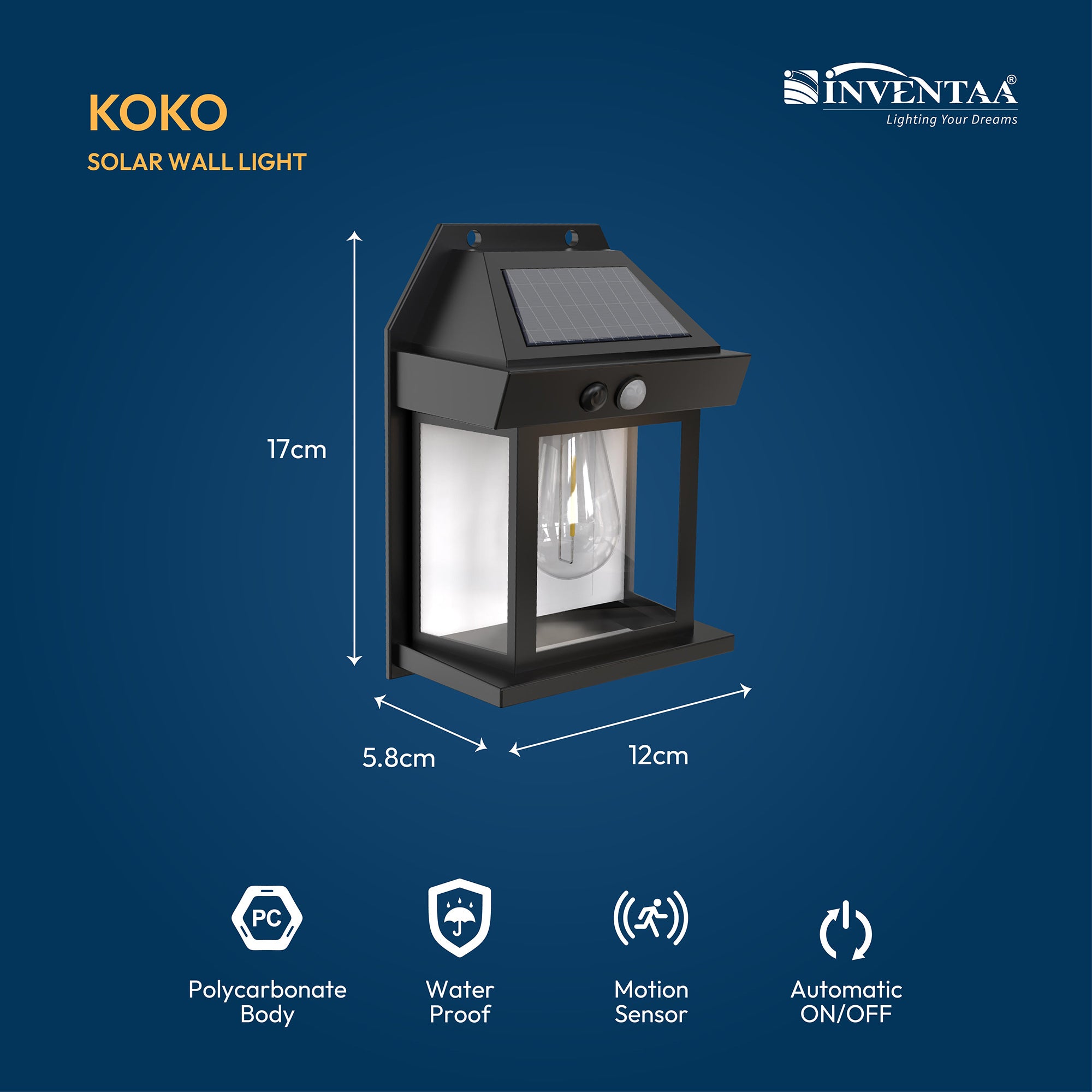 Koko solar wall light with dimensions and features on a blue background
